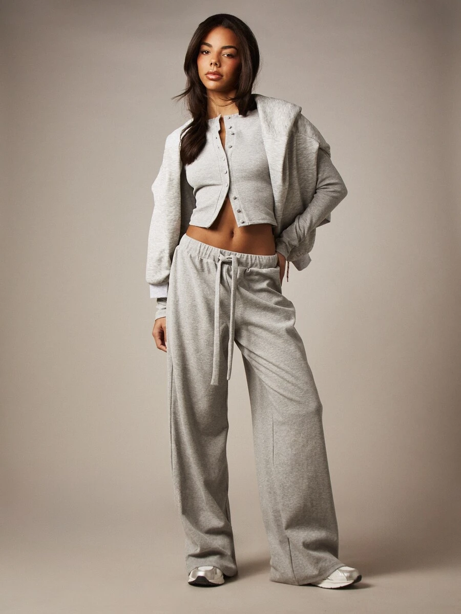 MISSGUIDED Bộ đồ mặc nhà thoải mái gồm áo khoác cardigan dài tay dáng ngắn và quần ống rộng, kiểu dáng giản dị, gồm hai mảnh, thích hợp cho những dịp đặc biệt. - Màu Xám nhạt - Xem 1