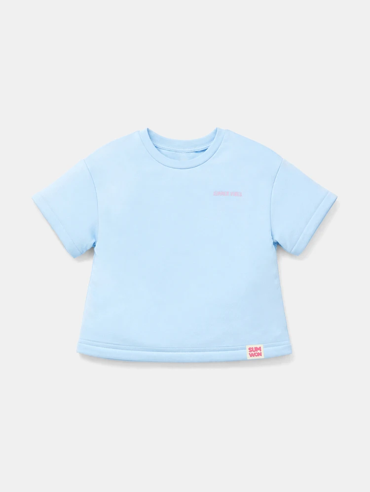 Young Girls Summer Vibes Crew Neck Short Sleeve Graphic T-Shirt With Sun Wave Print Design Light Blue Cotton Top