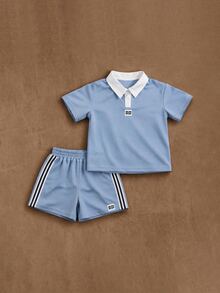 SUMWON Boys Light Blue Polo Shirt And Shorts Matching Set With Contrast White Collar Short Sleeve Summer Casual Outfit - Blue - View 1