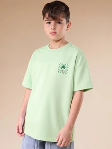 SUMWON Lightweight Oversized Crew Neck Short Sleeve Tee With Small Chest Graphic Print Summer Casual Basic Top - Green - View 5