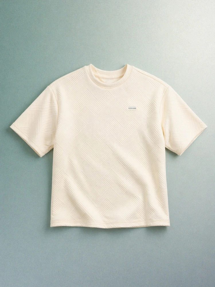 Maglietta casual a girocollo a maniche corte con motivo jacquard, vestibilità regular, per ragazzi, adatta per l'uso quotidiano in primavera ed estate