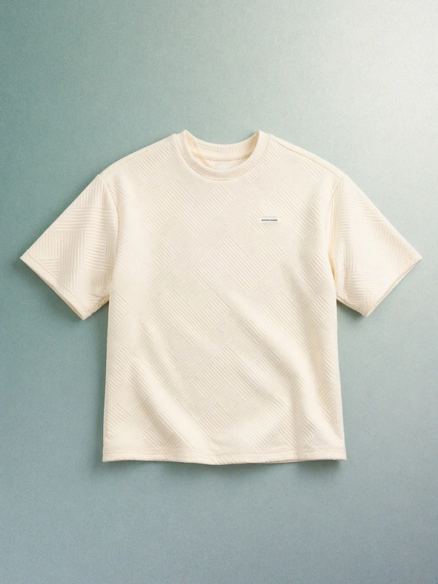 Boys Textured Jacquard Short Sleeve Crew Neck Regular Fit Casual Tee Summer Spring Everyday Wear Basic Top - Apricot - View 1