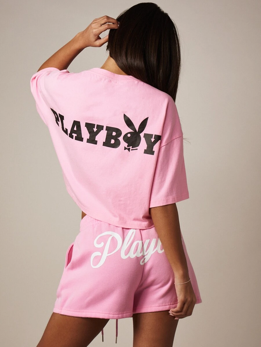 Missguided x Playboy 印花超大款露脐短上衣,黑色Logo印花,短袖设计,适合日常休闲穿着。 - 粉色 - 查看 1