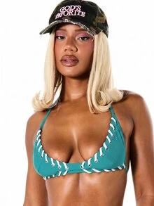 SUMWON WOMEN Halter Neck Lace-Up Triangle Bralette Bikini Set With Contrast Grommet Detail For Beach Summer - Blue - View 5