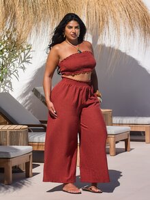 FASHION SZN Set da 2 pezzi con top a fascia raccolta e pantaloni a gamba ampia, taglia curvy, outfit estivo per vacanza e tempo libero, coordinato casual da spiaggia e club, Ibiza - Bordò - Visualizzare 5