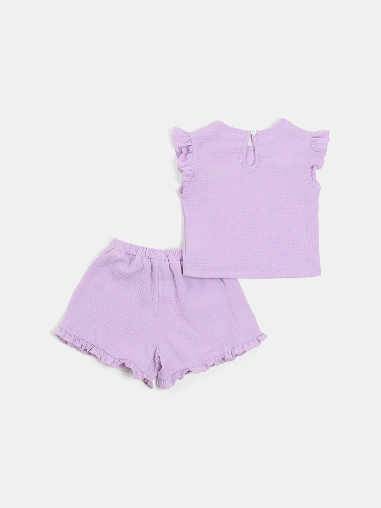 Mädchen Rüschen Trägertop und Shorts Koordinations-Set mit Sonnen-Stickerei, Sommer Lässig ärmelloses Baumwoll-Mischgewebe Zweiteiler Matching Set