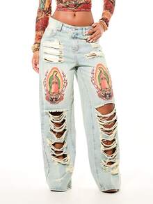 SUMWON WOMEN Gothic Distressed Wide Leg Slouchy Denim Jeans With Religious Graphics And Ripped Knee Details - Light Wash - View 1