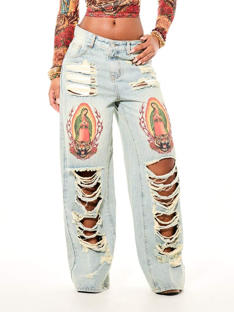 SUMWON WOMEN Gothic Distressed Wide Leg Slouchy Denim Jeans With Religious Graphics And Ripped Knee Details