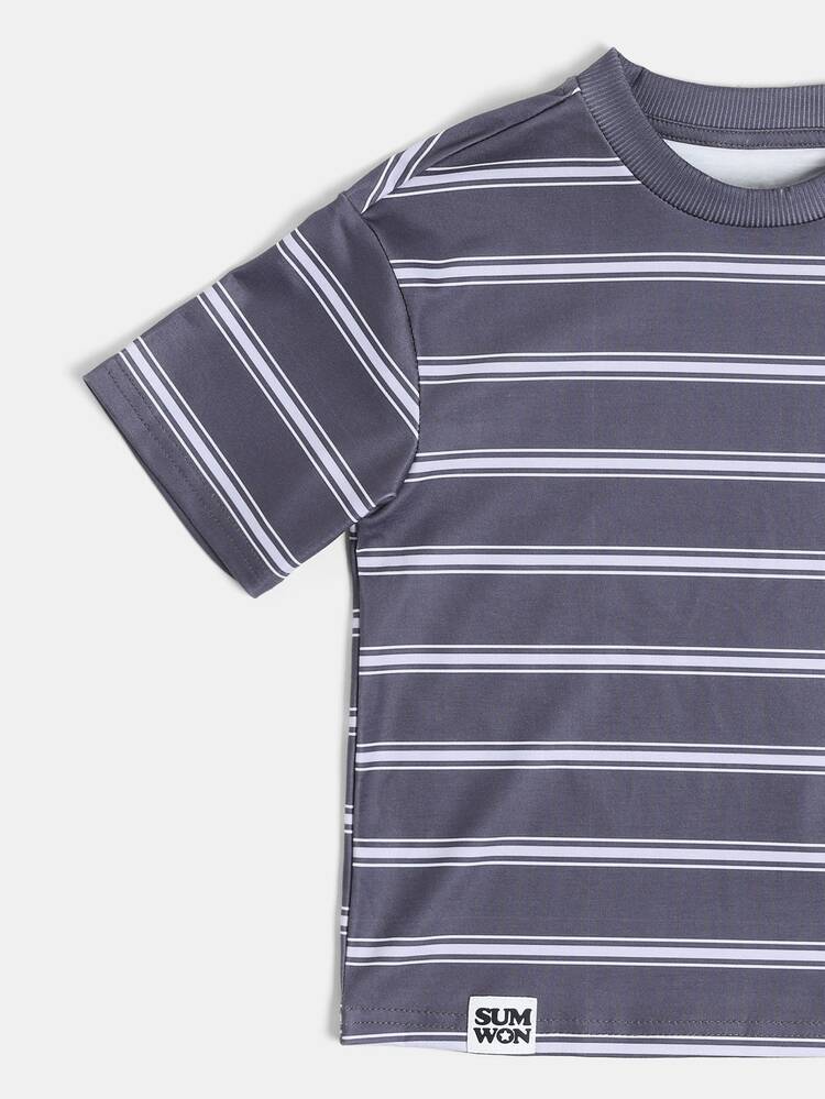Boys Striped Crew Neck T-Shirt Casual Short Sleeve Regular Fit Summer Top Grey White Horizontal Stripes Orange Logo Detail
