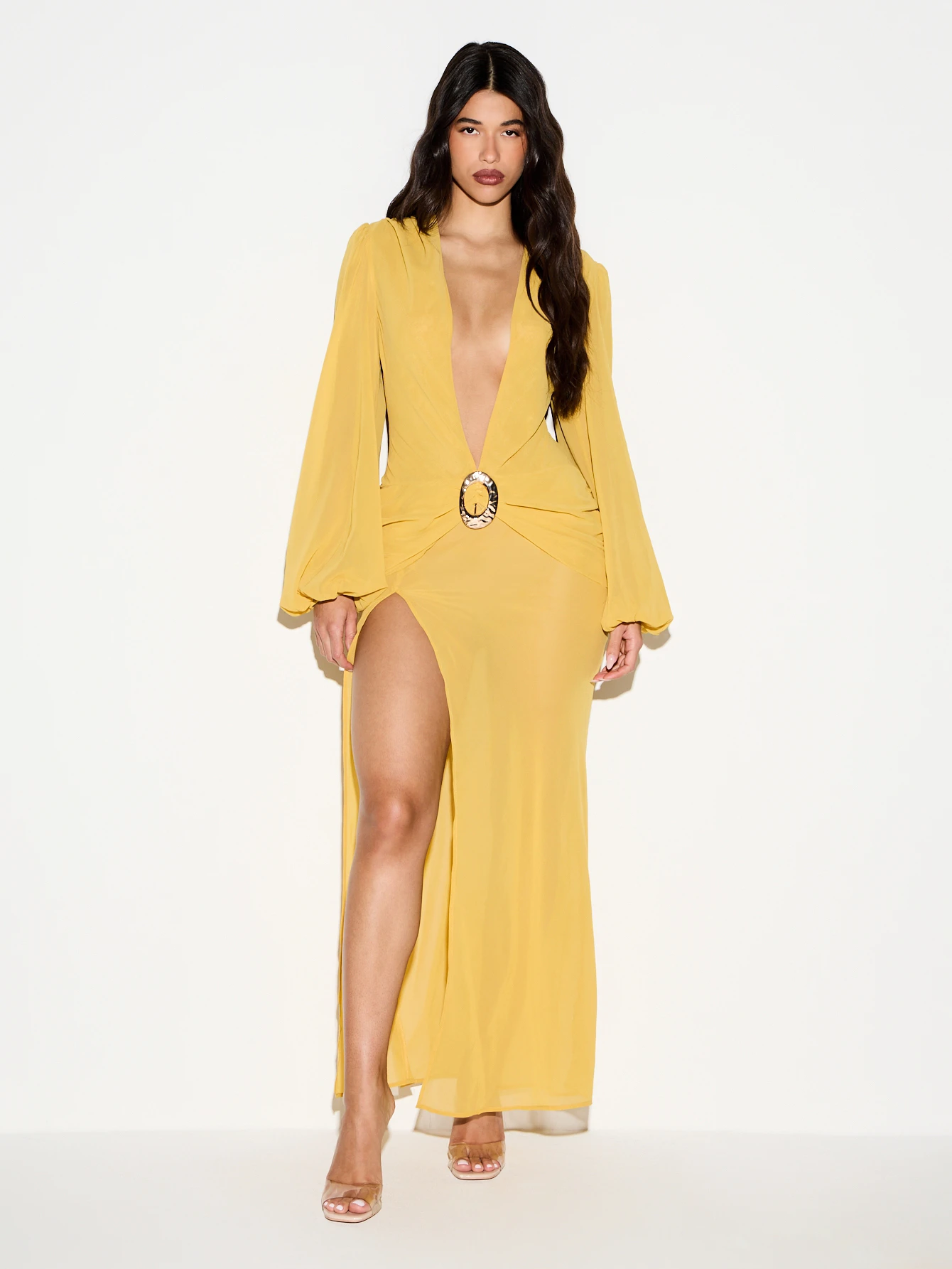 KIZN Plunging Long Sleeve Maxi Dress With Belt