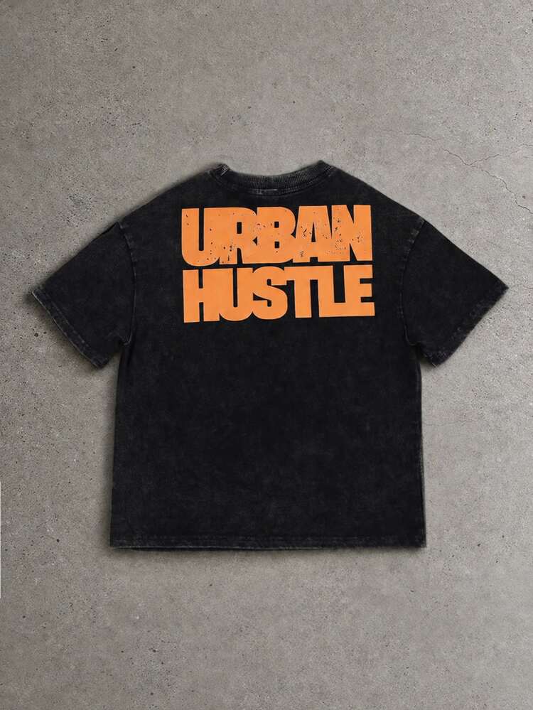 Urban Hustle Vintage Washed Black Short Sleeve Crew Neck T-Shirt With Bold Orange Typography Print Casual Streetwear Style