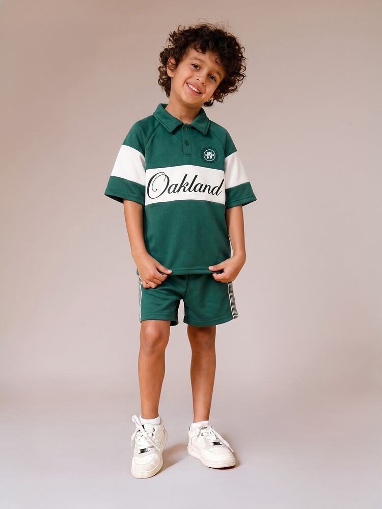 Boys Oakland Polo Shirt And Shorts Co Ord Set With Color Block Pattern