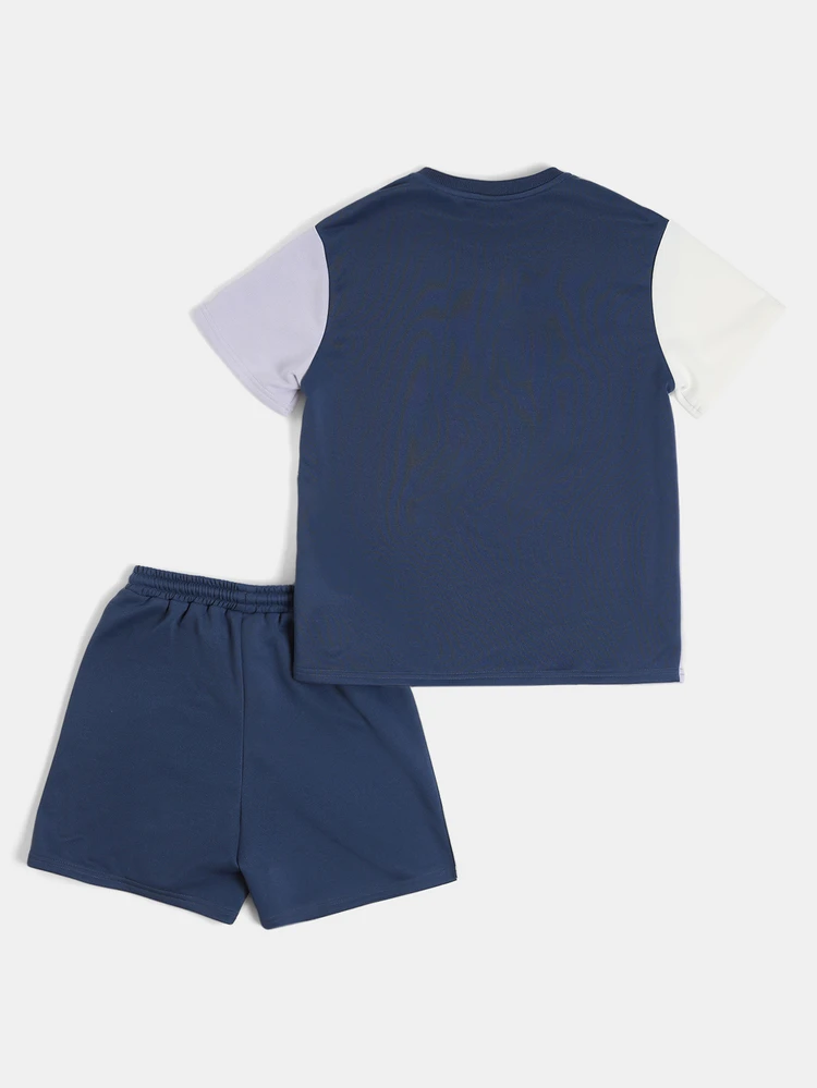 Colorblocked T-Shirt And Shorts Set With Crew Neck Short Sleeves Elastic Waist Casual Two Piece Outfit