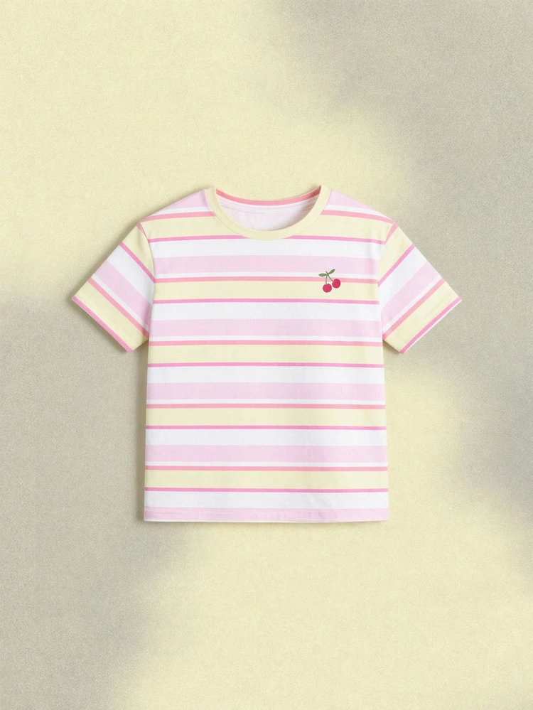 Mädchen gestreiftes Kurzarm T-Shirt mit Kirsche Stickerei, Rundhalsausschnitt, Sommer Casual Oberteil, Regenbogen Pastellfarben