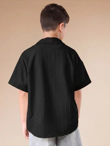 SUMWON 男童宽松条纹衬衫，带文字刺绣，短袖休闲夏季上衣 - 黑色 - 查看 2
