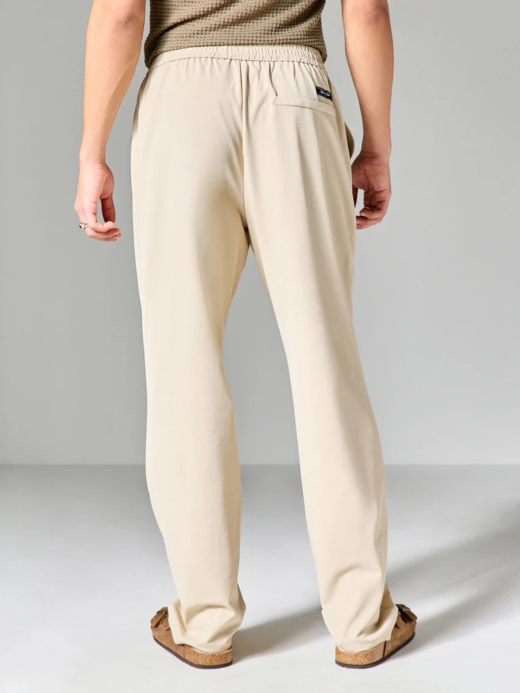 Beige Straight Leg Casual Pants With Elastic Waistband And Relaxed Comfort Fit For Summer Style