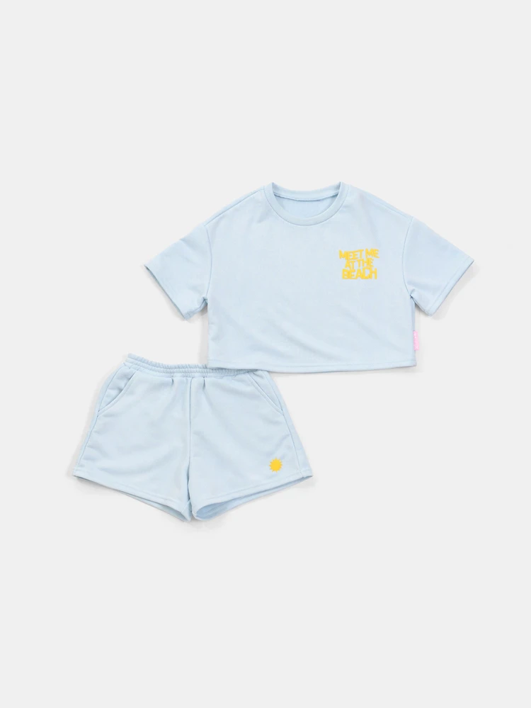 Ensemble t-shirt et short d'été avec slogan pour filles, bleu clair, col rond, manches courtes, tenue décontractée coordonnée