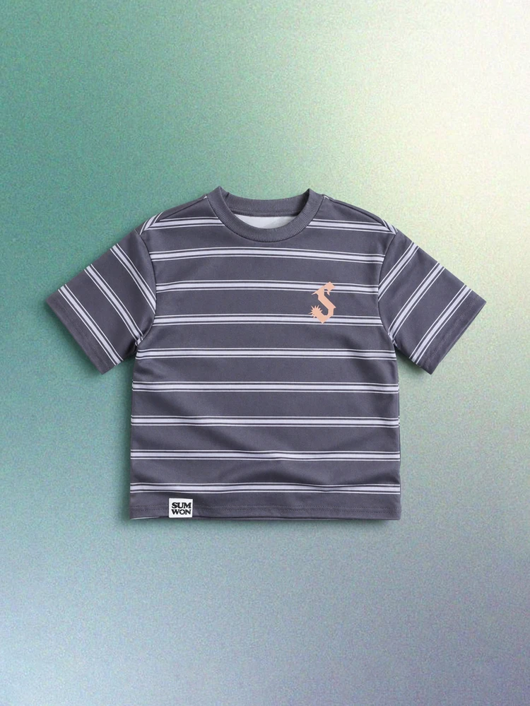 Boys Striped Crew Neck T-Shirt Casual Short Sleeve Regular Fit Summer Top Grey White Horizontal Stripes Orange Logo Detail