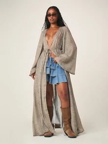 MISSGUIDED 佩斯利印花长袖及地罩衫式和服，深V领，前系带设计 - 彩色 - 查看 1