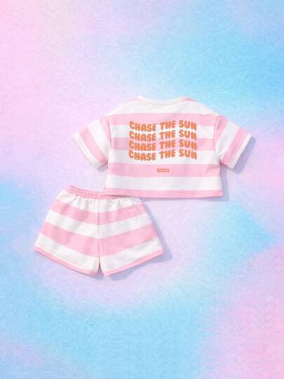 SUMWON Girls Summer Striped Co-Ord Set Chase The Sun Short Sleeve Top Matching Shorts Outfit