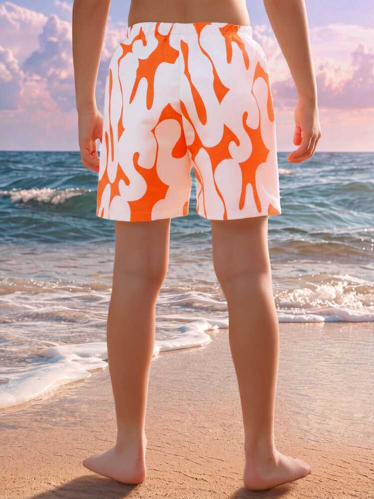 Sunga de Banho Infantil Masculina com Estampa de Gotas em Bolhas, Roupa de Banho de Verão para Praia, Padrão Laranja e Branco, Shorts para Piscina e Férias