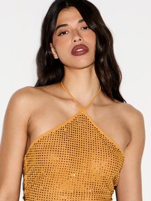 KIZN Áo hai dây cổ yếm đính sequin và đá quý, có dây buộc phía sau, thích hợp cho các buổi tiệc tối hoặc đi club mùa hè. - trái cam - Xem 5
