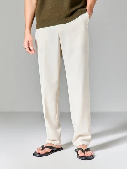 SUMWON Straight Cut Slub Weave Suit Pants Cream Colored Formal Tailored Trousers Classic Office Professional Business Dress Pants Elegant Menswear