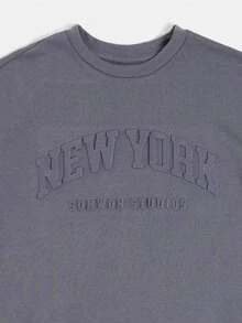 SUMWON Tween Girls Grey Crew Neck Short Sleeve T-Shirt With Embossed New York Text Design Casual Cotton Streetwear Top - Grey - View 3