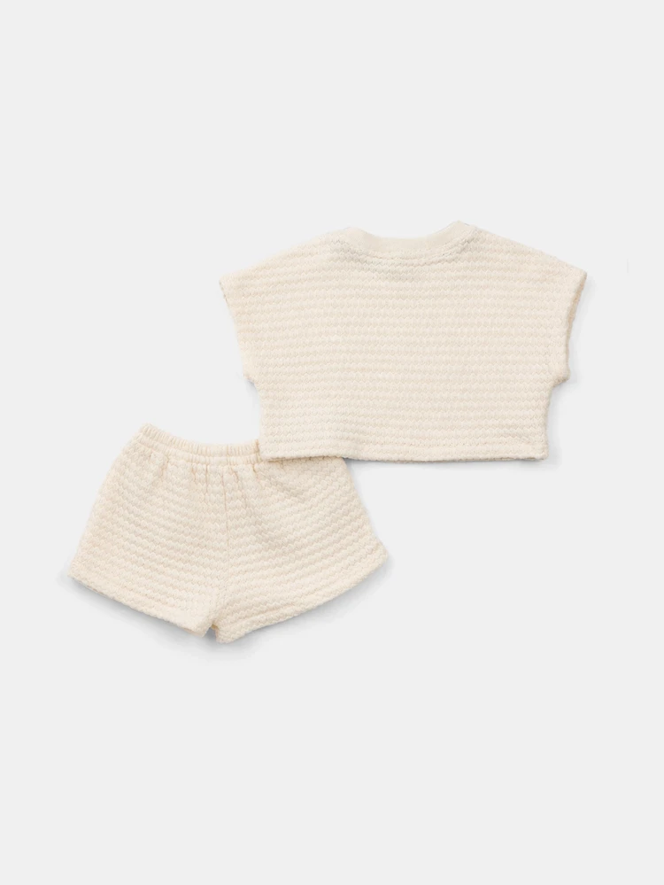 Girls Crochet Textured Crew Neck Sleeveless Top And Matching Shorts Two Piece Summer Set