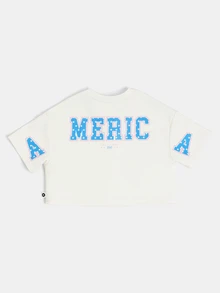 SUMWON Girls Oversized Crop T-Shirt And Relaxed Shorts Co-Ord Set With America Star Print Back Design And Sleeve Details , Fourth Of July - Multicolor - View 3