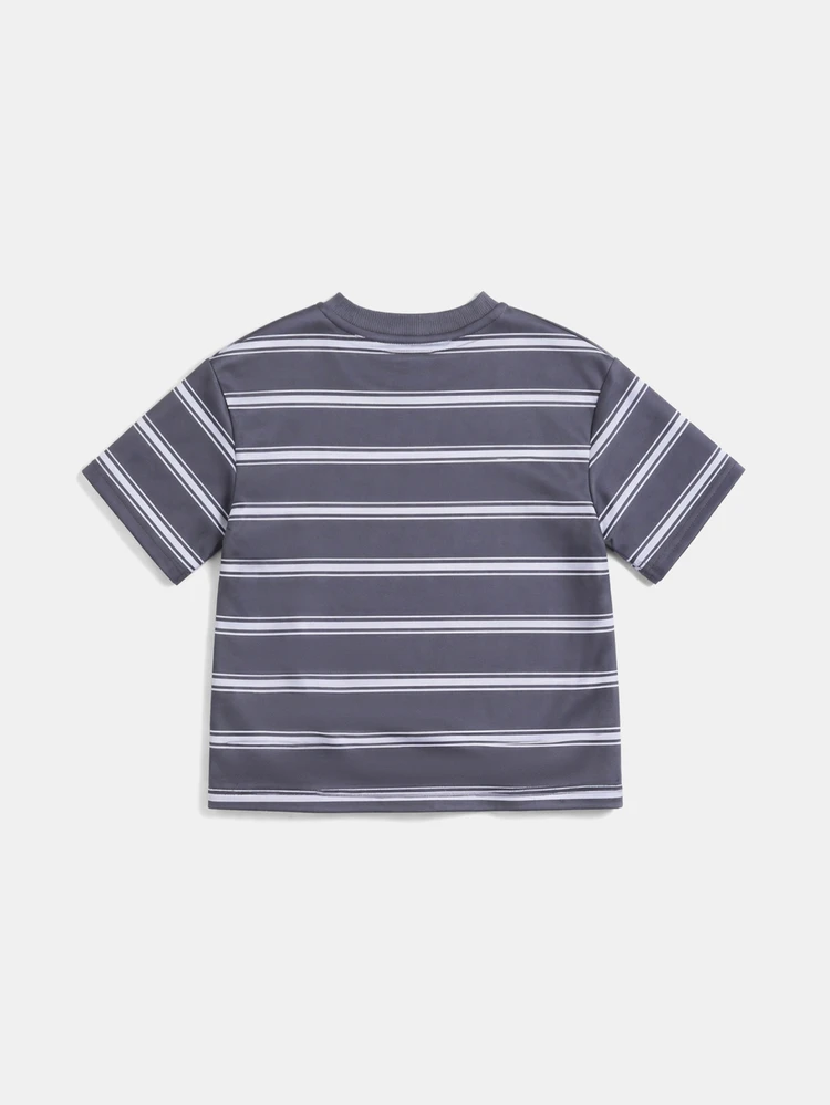Boys Striped Crew Neck T-Shirt Casual Short Sleeve Regular Fit Summer Top Grey White Horizontal Stripes Orange Logo Detail