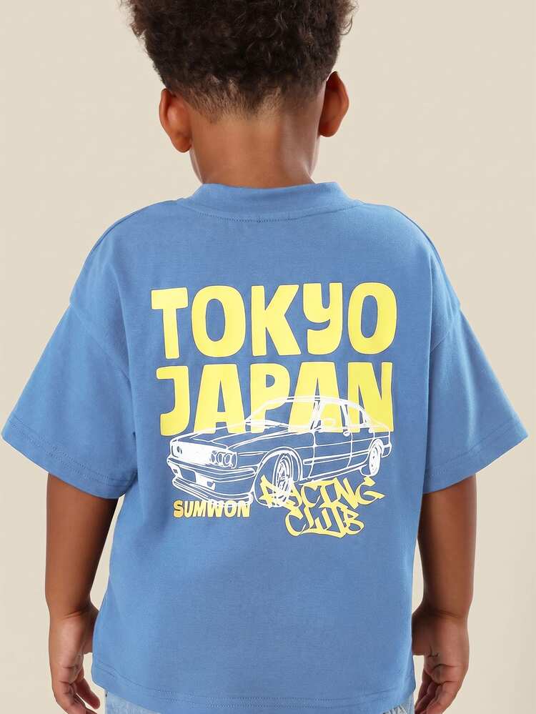 T-shirt décontracté à manches courtes pour garçons avec imprimé graphique Tokyo Japon, design de voiture et lettrage jaune