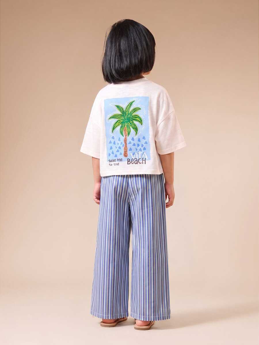 SUMWON 女童两件套，棕榈树印花上衣搭配条纹阔腿裤，夏季海滩度假装 - 藍色 - 查看 1