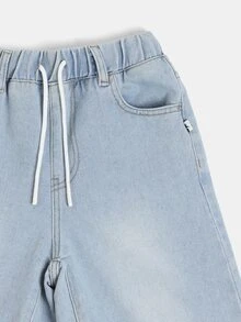 SUMWON Boys Summer Denim Shorts With Elastic Waist Drawstring Light Blue Wash Casual Relaxed Bermuda Style Jorts - Blue - View 4