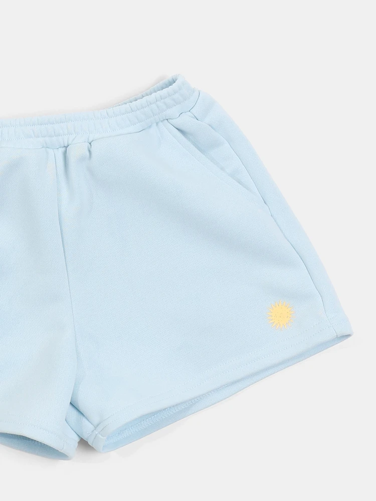 Set di top corto a maniche corte e pantaloncini estivi da ragazza con stampa di giorni soleggiati, coordinato giallo e azzurro chiaro