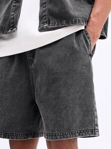 SUMWON Bộ đồ denim wash acid gồm áo sơ mi ngắn tay cài cúc và quần short cùng màu, phong cách vintage mùa hè, thường ngày và phong cách đường phố. - Xám - Xem 6