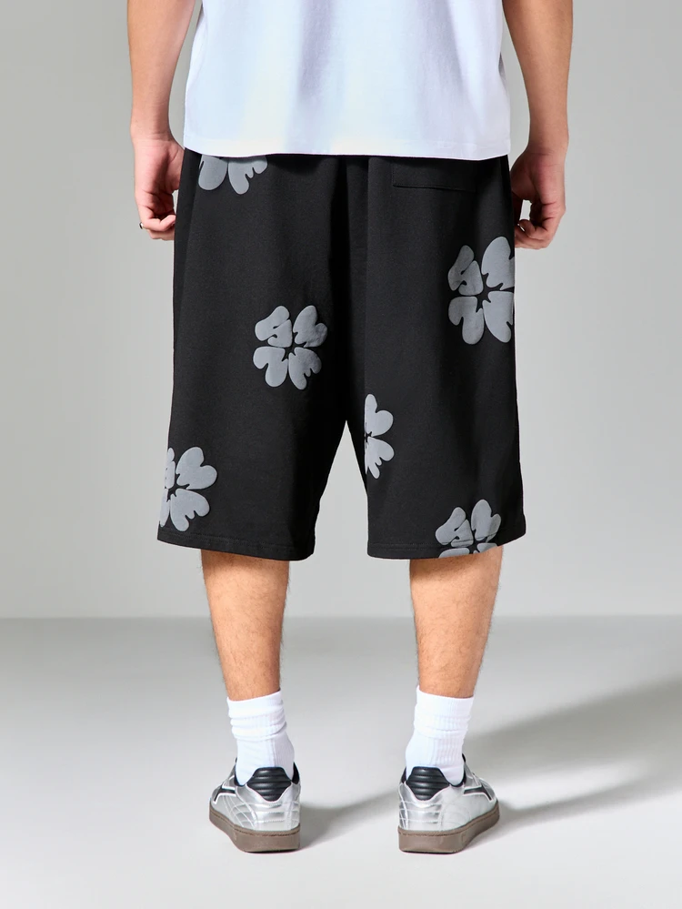 Black Floral Print Wide Leg Bermuda Casual Shorts With Drawstring Waist Summer Beach Style