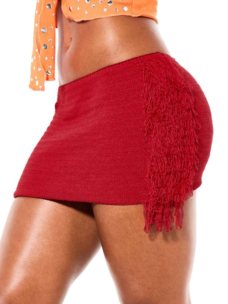 SUMWON WOMEN Gehäkelter Mini-Rock mit seitlichen Fransen-Details, figurbetonter Sommer-Festival-Club-Party-Bleistiftrock im Boho-Chic-Stil mit hoher Taille