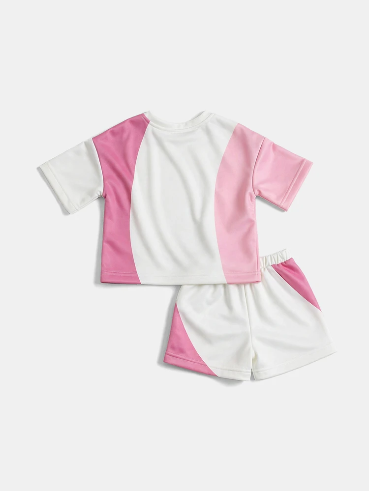 Conjunto de dos piezas para niñas con bloque de color, camiseta de manga corta con ajuste relajado y shorts a juego, para uso casual de verano y uso diario