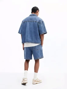 SUMWON Oversized Denim Co-Ord Set With Button Down Shirt And Relaxed Shorts For Casual Summer Streetwear - Blue - View 2