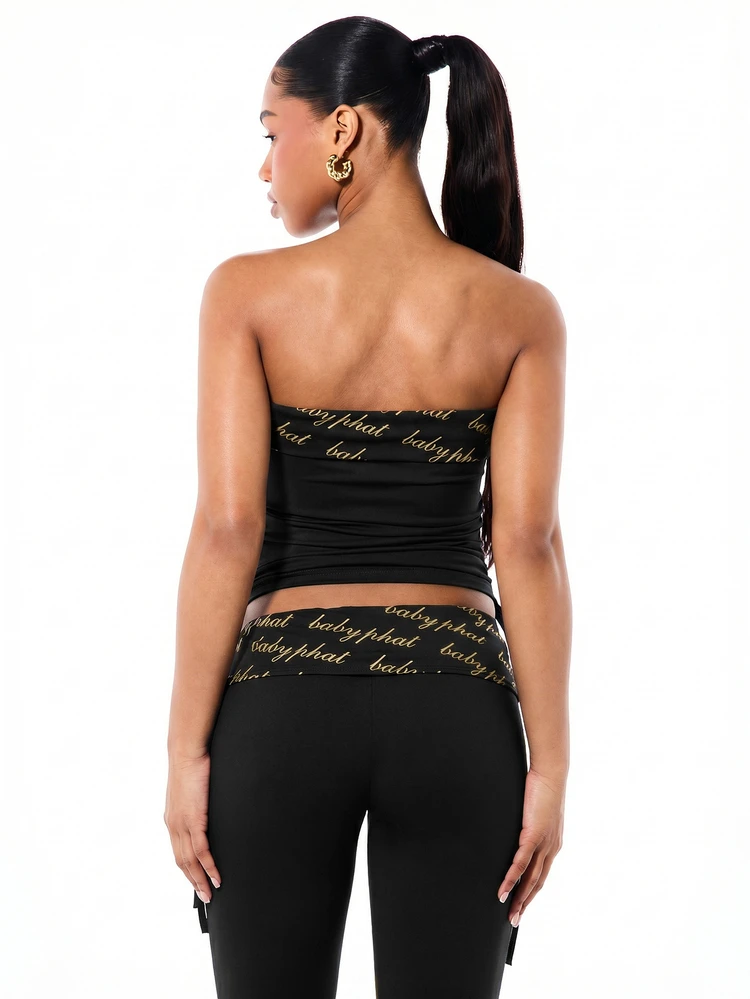 BABYPHAT Strapless Bandeau Top With Fold Over Detail And Script Print Jersey Fabric For Evening Party Club