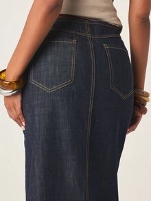MISSGUIDED Chân váy maxi denim màu chàm dáng bút chì dài, xẻ tà bên hông, cạp cao, kiểu dáng cổ điển, màu xanh denim, phong cách đường phố thường ngày, thời trang thu đông. - Màu xanh hải quân - Xem 4