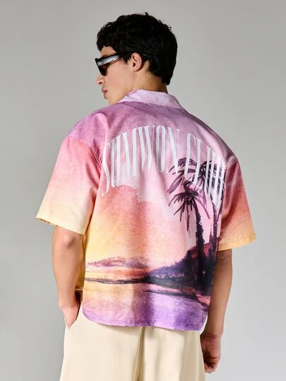 SUMWON Boxy Fit Tropical Sunset Print Resort Shirt Short Sleeve Button Down Collar Summer Beach Vacation Casual Shirt