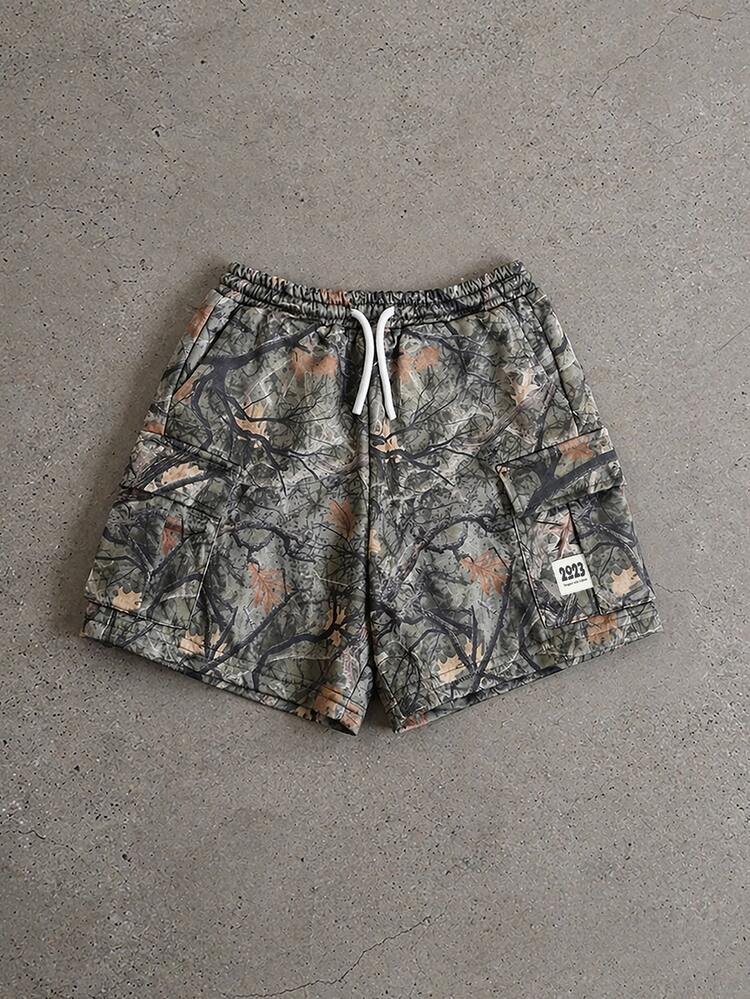 Camo Print Drawstring Cargo Shorts With Side Pockets For Summer Outdoor Adventures