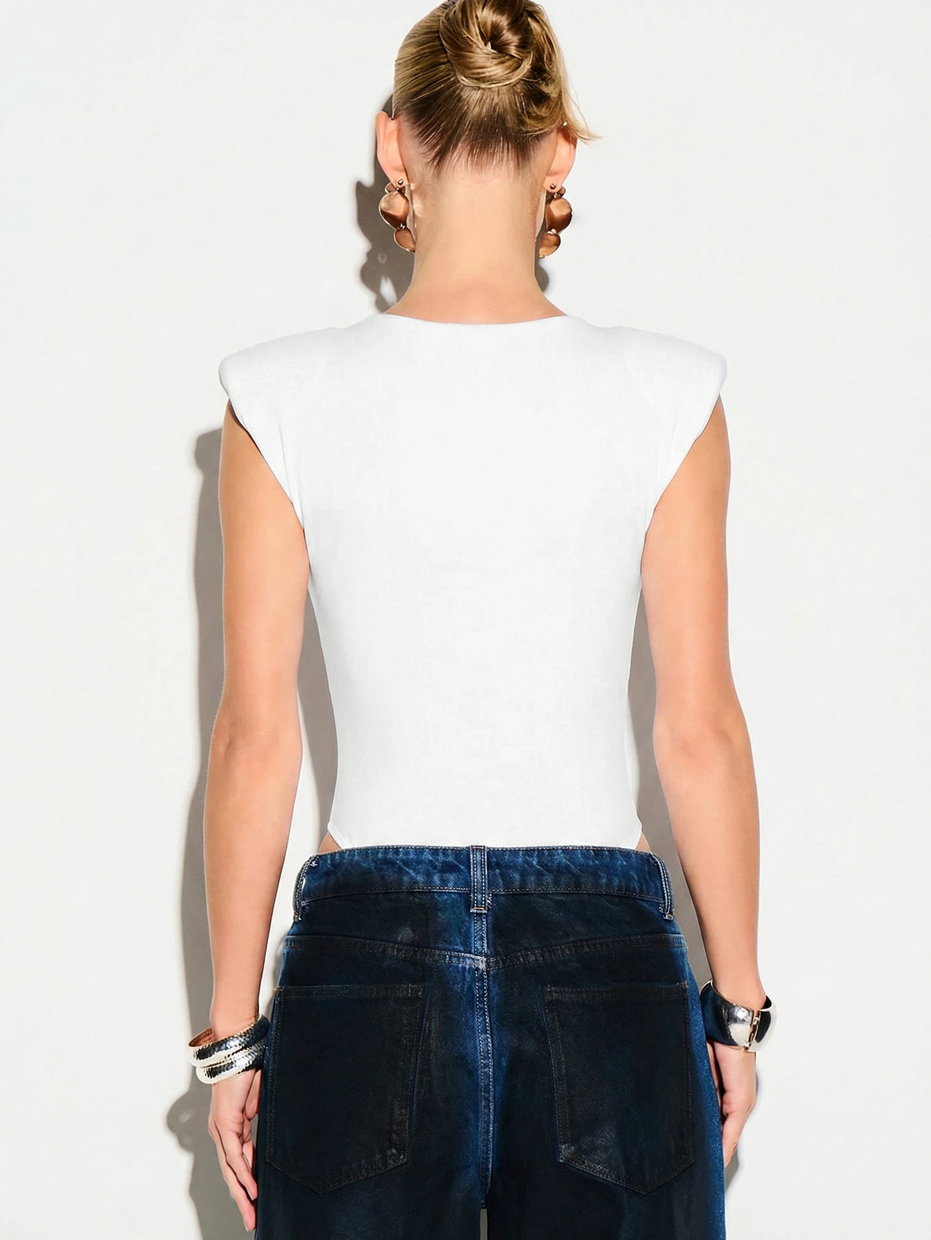 KIZN Deep V Neck Bodysuit With Shoulder Pads