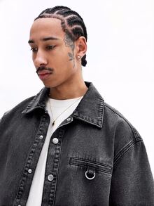 SUMWON Bộ đồ denim wash acid gồm áo sơ mi ngắn tay cài cúc và quần short cùng màu, phong cách vintage mùa hè, thường ngày và phong cách đường phố. - Xám - Xem 5