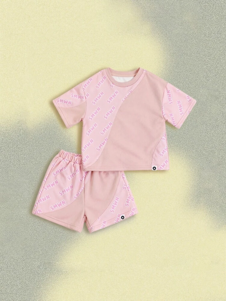 Mädchen Rosa Co-Ord Set mit Textdruck Kurzarm Top und passende Shorts, Sommer Lässig Wear