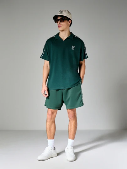 SUMWON Forest Green Polo Shirt And Shorts Co Ord Set With White Piping Detail Box Fit Short Sleeve Collared Top Casual Summer Outfit
