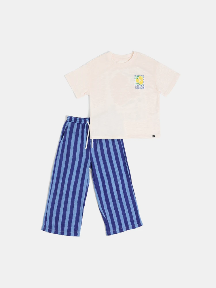 Boys Summer Lemon Print Short Sleeve Tee And Striped Pants Co Ord Set Casual Fruit Graphic Two Piece Outfit