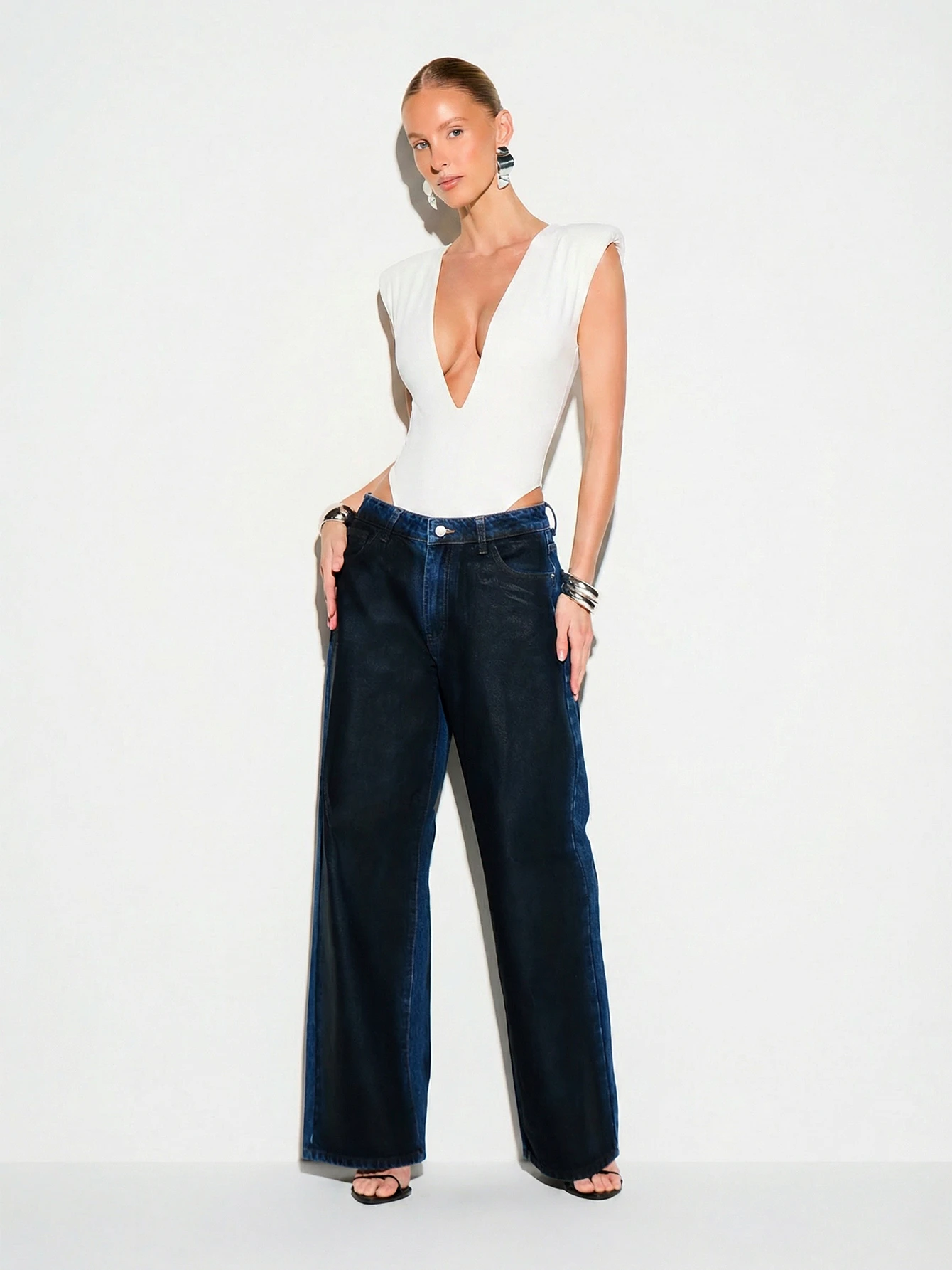 KIZN Deep V Neck Bodysuit With Shoulder Pads
